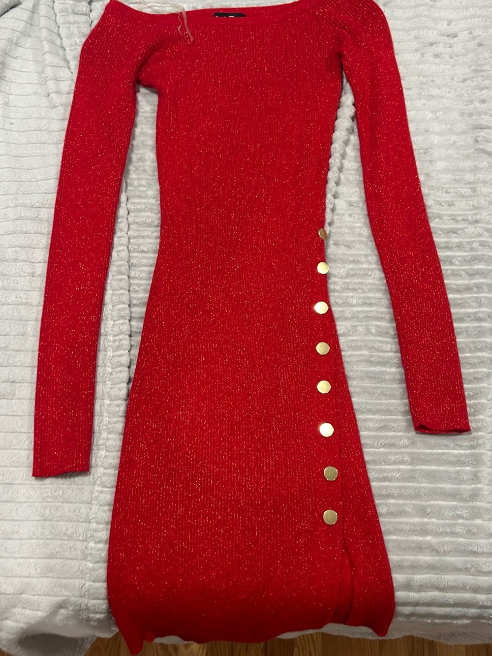 Red Long-Sleeve Ribbed Knit Dress with Gold Button Detail